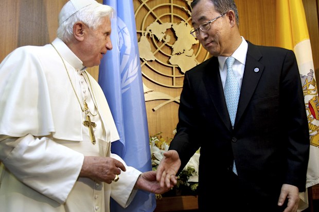 Pope Benedict XVI is greeted by United Nations Secretary General Ban Ki-moon at the U.N. headquarters on April 18, 2008, during a visit to New York. 