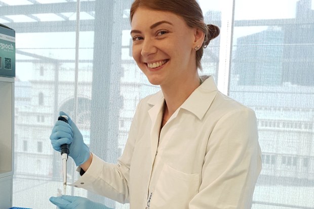 Dr Emily Roycroft in the lab working on animal genetics.