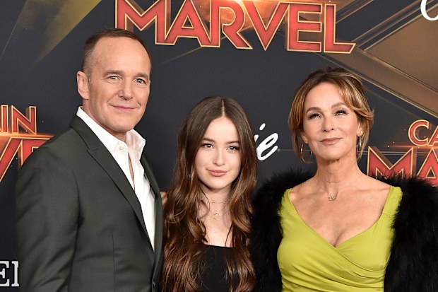 Clark Gregg, Jennifer Grey and daughter Stella attend Captain Marvel premiere in 2019 in Hollywood, California.