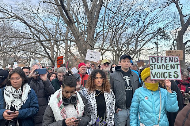 Hundreds of people gather in Somerville, Mass., on March 26, 2025, to demand the release of Rumeysa Ozturk, a Turkish student at Tufts University, who was arrested by federal agents Tuesday night. (AP Photo/Michael Casey)