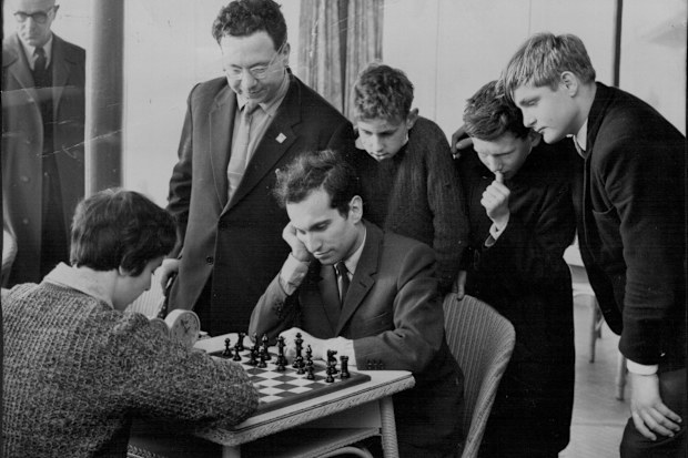 27-year-old Grandmaster Mikhail Tal of Russia, former world champion and Nona Gaprindashvili, the 22-year-old Russian woman world champion. 