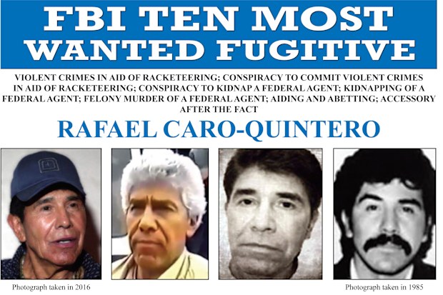 FILE - This image released by the FBI shows the wanted poster for Rafael Caro-Quintero, who was behind the killing of a U.S. DEA agent in 1985. Caro-Quintero has been captured by Mexican forces nearly a decade after walking out of a Mexican prison and returning to drug trafficking, an official with Mexico's navy confirmed Friday, July 15, 2022. (FBI via AP, File)