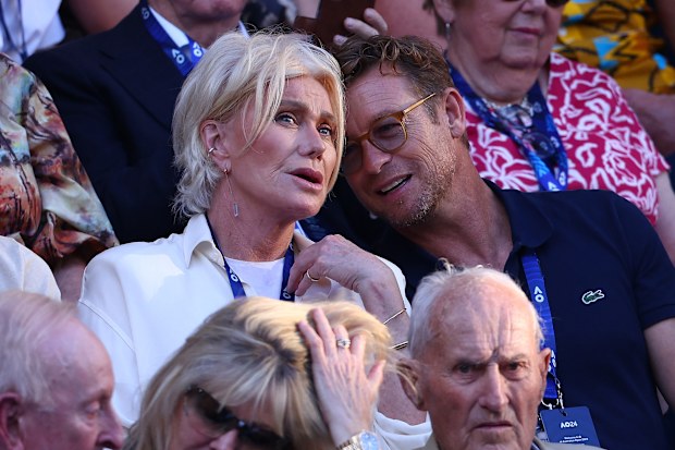 Deborra-lee Furness and Simon Baker during the Men's Singles Final match between Jannik Sinner of Italy and Daniil Medvedev during the 2024 Australian Open on January 28, 2024 in Melbourne, Australia. (Photo by Graham Denholm/Getty Images)