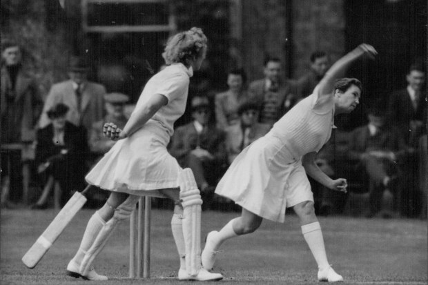 Aussie Cricket Girls in Action -- Australian Bowler Norma Whiteman Sends down a fast one to M. Rosewarme of the Kent women's cricket Association team during the early stages of the Kent Versus Australia Women's Cricket Match at Sevenoaks, Kent, today May 19.  Australian women cricketers in action against Kent. Australian bowler Norma Whiteman sends down a fast one to M. Rosewarme. May 19, 1951. (Photo by The Associated Press Ltd.).