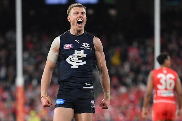 MELBOURNE, AUSTRALIA - SEPTEMBER 08: Patrick Cripps of the Blues celebrates kicking a goal during the First Elimination Final AFL match between Carlton Blues and Sydney Swans at Melbourne Cricket Ground, on September 08, 2023, in Melbourne, Australia. (Photo by Quinn Rooney/Getty Images)