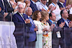 Albert II, Prince of Monaco, Queen Silvia of Sweden, King Carl XVI Gustaf of Sweden and Queen Sofía of Spain applaud during the Closing Ceremony of the Olympic Games Paris 2024  at Stade de France on August 11, 2024 in Paris, France. 