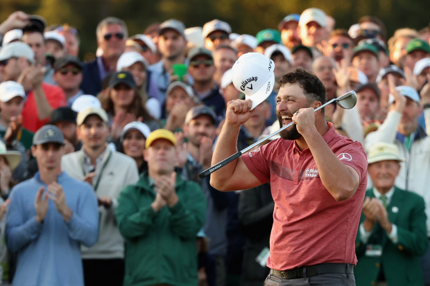 AUGUSTA, GEORGIA - APRIL 09: Jon Rahm of Spain celebrates on the 18th green after winning the 2023 Masters Tournament at Augusta National Golf Club on April 09, 2023 in Augusta, Georgia. (Photo by Christian Petersen/Getty Images)
