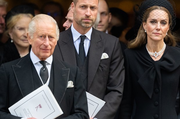 LONDON, ENGLAND - SEPTEMBER 16: King Charles III, Prince William, Prince of Wales and Catherine, Princess of Wales attend the funeral of The Duchess of Kent at Westminster Cathedral on September 16, 2025 in London, England. Katharine, Duchess of Kent was married Prince Edward, Duke of Kent, the first cousin of Queen Elizabeth II. She died on September 4 at the age of 92 at Kensington Palace surrounded by her family. Having converted to Catholicism in 1994, her funeral takes place at Westminster 