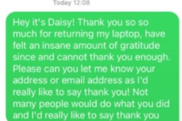 Daisy Morris' message of thanks to Nahid, the stranger who returned to lost laptop.