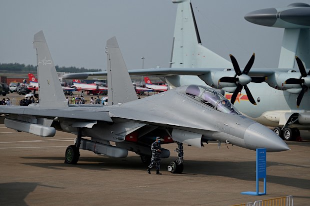 A Chinese J-16 multirole strike fighter for the People's Liberation Army Air Force (PLAAF) is shown at the 13th China International Aviation and Aerospace Exhibition in Zhuhai on September 28.