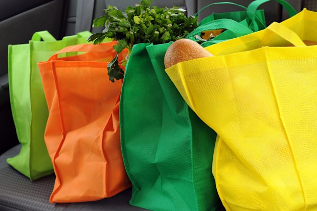 Four colorful eco-friendly shopping bags filled mostly with groceries in the back seat of a car.