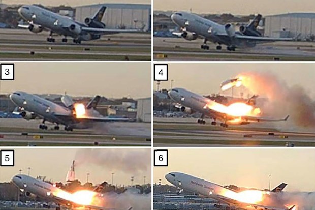 Still images from an airport surveillance video showing the left engine and left pylon separation from the left wing.