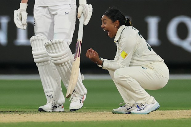 Alana King of Australia celebrates taking the final wicket to win the Women's Ashes Test.