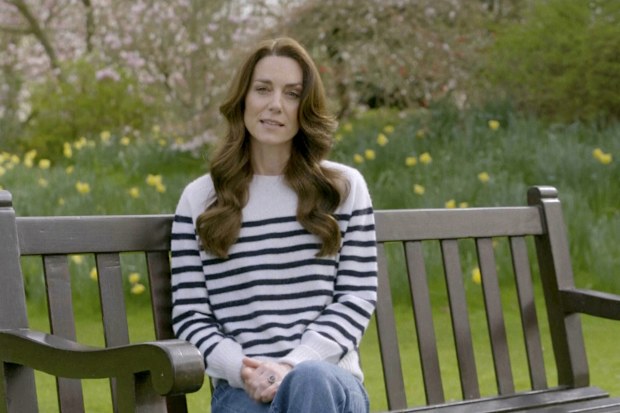 This grab taken from a video released by the BBC Studios on Friday March 22, 2024, shows Britain's Kate, the Princess of Wales recording her message announcing that following her abdominal surgery in January "tests after the operation found cancer had been present." 