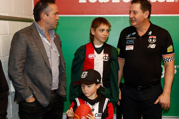 MELBOURNE, AUSTRALIA - JULY 30: Simon Lethlean, CEO of the Saints is seen with Sidney McLachlan and Ross Lyon, Senior Coach of the Saints during the 2023 AFL Round 20 match between the Hawthorn Hawks and the St Kilda Saints at Marvel Stadium on July 30, 2023 in Melbourne, Australia. (Photo by Michael Willson/AFL Photos via Getty Images)