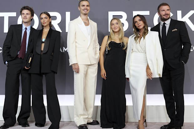 LONDON, ENGLAND - OCTOBER 08: Cruz Beckham, Jackie Apostel, Romeo Beckham, Harper Beckham, Victoria Beckham and David Beckham attend the "Victoria Beckham" World Premiere at the Curzon Mayfair on October 08, 2025 in London, England. (Photo by Mike Marsland/WireImage)