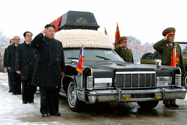 Kim Jong Un (L front), son of the late North Korean leader Kim Jong Il and his successor, salutes beside the hearse carrying the coffin of the elder Kim in Pyongyang on December 28, 2011. 