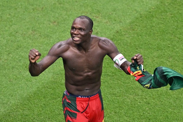 Vincent Aboubakar of Cameroon celebrates after scoring a goal during the FIFA World Cup Qatar 2022 Group G match between Cameroon and Brazil at Lusail Stadium in Lusail City, Qatar on December 02, 2022. (Photo by Serhat Cagdas/Anadolu Agency via Getty Images)