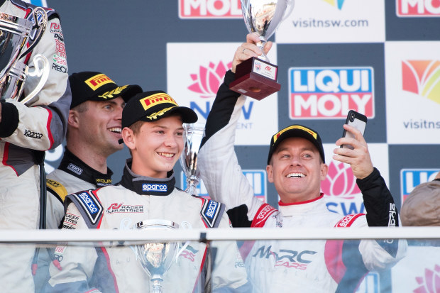 Grand Denyer stands on the Mount Panorama podium at the 2018 Bathurst 12 Hour with Tyler Everingham (middle) and Garry Jacobson.