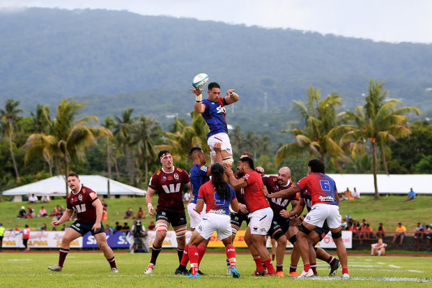 Potu Leavasa of Moana Pasifika collects the ball from a lineout during the round eight Super Rugby Pacific match between Moana Pasifika and Queensland Reds at Apia Park National Stadium.