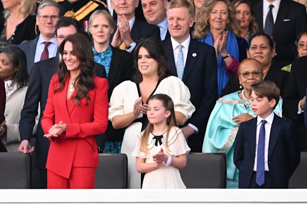 WINDSOR, ENGLAND - MAY 07: (L-R) Catherine, Princess of Wales, Princess Eugenie, Princess Charlotte of Wales and Prince George of Wales during the Coronation Concert on May 07, 2023 in Windsor, England. The Windsor Castle Concert is part of the celebrations of the Coronation of Charles III and his wife, Camilla, as King and Queen of the United Kingdom of Great Britain and Northern Ireland, and the other Commonwealth realms that took place at Westminster Abbey yesterday. High-profile performers w