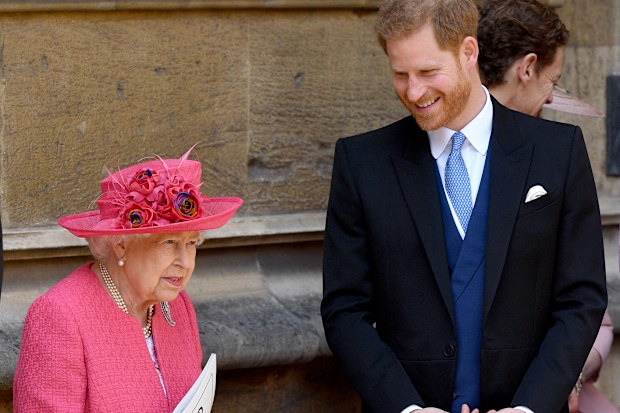 Queen Elizabeth II and Prince Harry, Duke of Sussex attend the wedding of Lady Gabriella Windsor and Thomas Kingston in 2019