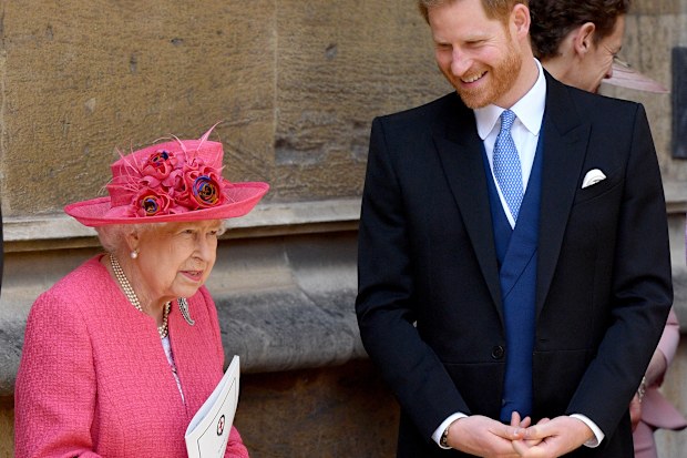 Queen Elizabeth II and Prince Harry, Duke of Sussex attend the wedding of Lady Gabriella Windsor and Thomas Kingston in 2019