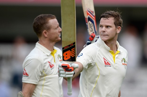 Chris Rogers and Steve Smith walk off Lord's after day-one centuries in 2015.