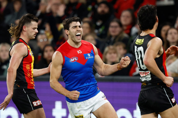 MELBOURNE, AUSTRALIA - JULY 08: Christian Petracca of the Demons celebrates a goal during the 2023 AFL Round 17 match between the St Kilda Saints and the Melbourne Demons at Marvel Stadium on July 8, 2023 in Melbourne, Australia. (Photo by Michael Willson/AFL Photos via Getty Images)