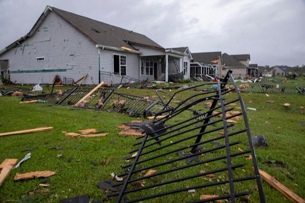 A tornado touched down in the The Farm at Brunswick County in Carolina Shores, N.C., on Thursday, Sept. 5, 2019, damaging homes ahead of Hurricane Dorian's arrival. (Jason Lee/The Sun News via AP)