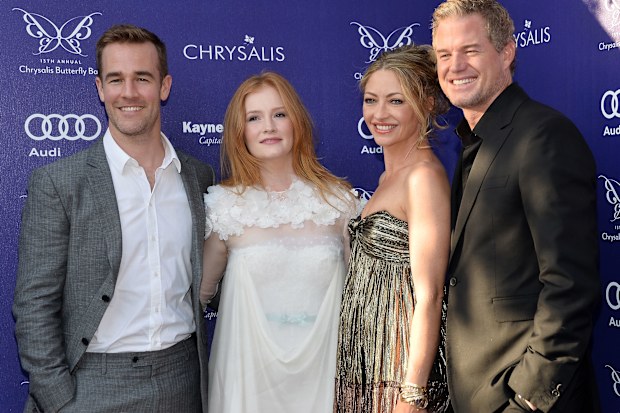 James Van Der Beek, wife Kimberly, with fellow actor Eric Dane and wife Rebecca Gayheart in 2014.