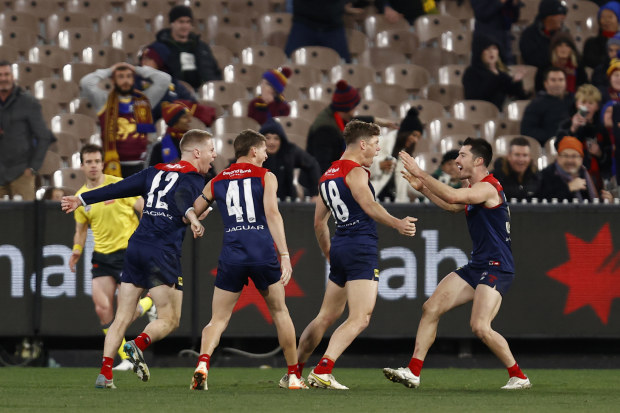 MELBOURNE, AUSTRALIA - JULY 14: Jake Melksham of the Demons celebrates a goal  during the round 18 AFL match between Melbourne Demons and Brisbane Lions at Melbourne Cricket Ground, on July 14, 2023, in Melbourne, Australia. (Photo by Darrian Traynor/Getty Images)