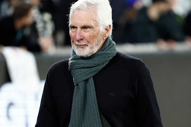 : Mick Malthouse is seen during the 2024 AFL Round 18 match between the Collingwood Magpies and the Geelong Cats at Melbourne Cricket Ground on July 12, 2024 in Melbourne, Australia. 