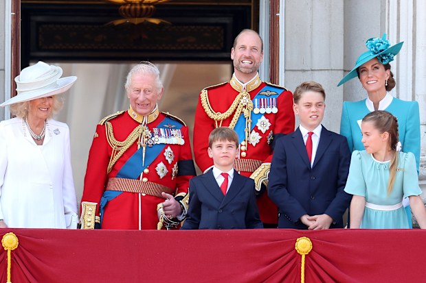 Queen Camilla, King Charles III, Prince Louis, Prince William, Prince George, Princess Charlotte  and Catherine, Princess of Wales on the balcony of Buckingham Palace during Trooping The Colour 2025 on June 14, 2025 in London, England.