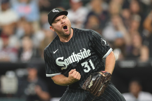 CHICAGO, ILLINOIS - JUNE 09: Liam Hendriks #31 of the Chicago White Sox celebrates the third out during the ninth inning against the Miami Marlins at Guaranteed Rate Field on June 09, 2023 in Chicago, Illinois. (Photo by Michael Reaves/Getty Images)
