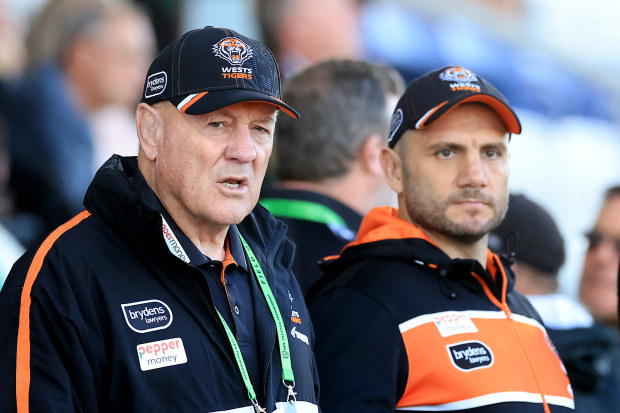Former Wests Tigers head coach Tim Sheens looks on with assistant coach Robbie Farah.
