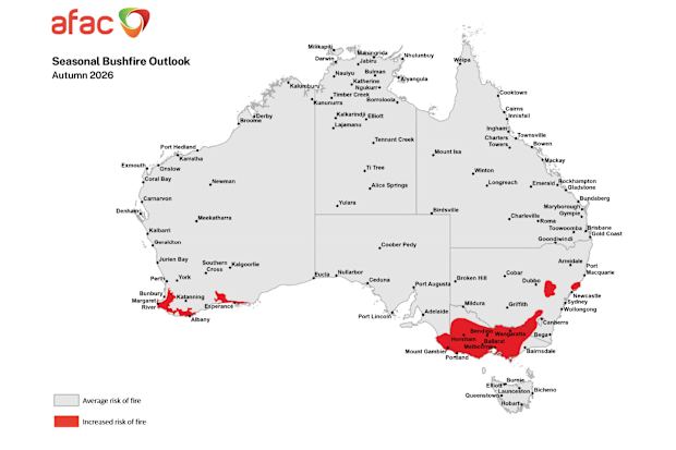 Areas marked red on the map indicate the likelihood of an increased number of significant bushfires occurring in autumn, compared to an average risk of fire.