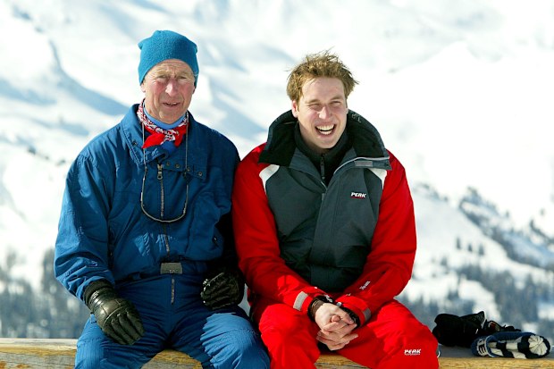 Prince Charles poses with son Prince William in the Swiss village of Klosters at the start of their annual skiing holiday in the Swiss Alps on March 28, 2004 in Switzerland. 