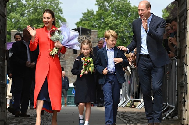 Britain's Kate, Duchess of Cambridge, Princess Charlotte, Prince George and Prince William during their visit to Cardiff Castle to meet performers and crew involved in the special Platinum Jubilee Celebration Concert taking place in the castle grounds later in the afternoon, Saturday June 4, 2022, on the third of four days of celebrations to mark the Platinum Jubilee. The events over a long holiday weekend in the U.K. are meant to celebrate the monarchs 70 years of service. (Ashley Crowden/PA vi