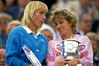 May-Jun 1986:  Martina Navratilova (left) of the USA chats with Chris Evert also of the USA as they hold their respective trophies after the Womens Singles final during the French Open at Roland Garros in Paris. \ Mandatory Credit: Allsport UK /Allsport