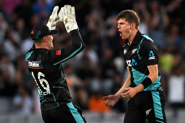 Ben Sears of the New Zealand Black Caps celebrates the wicket of Glenn Maxwell of Australia during the game two of Men's T20 International series.
