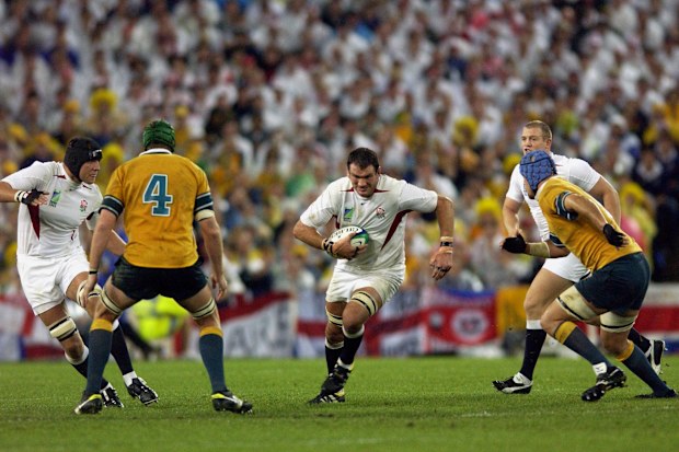 England's Martin Johnson on the attack in Sydney.