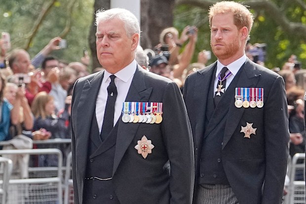 Britain's Prince Andrew, front, and Prince Harry follow the coffin of Queen Elizabeth II during a procession from Buckingham Palace to Westminster Hall in London, Wednesday, Sept. 14, 2022. The Queen will lie in state in Westminster Hall for four full days before her funeral on Monday Sept. 19. (AP Photo/Martin Meissner, Pool)