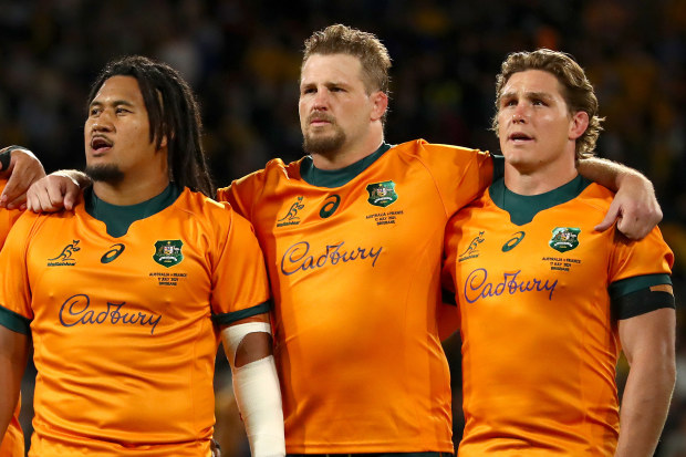 Lukhan Salakaia-Loto (from left) of the Wallabies, Allan Alaalatoa, Brandon Paenga-Amosa (middle), James Slipper, and Michael Hooper during the national anthem in 2021.