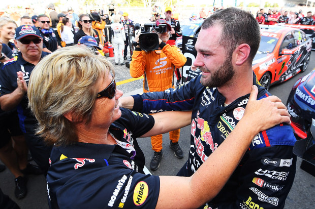 Shane van Gisbergen celebrates with his mum Karen Wallace at the 2016 Sydney 500.