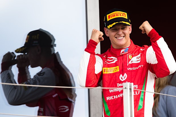 Mick Schumacher celebrates at the Formula 2 Grand Prix at Hungaroring.
