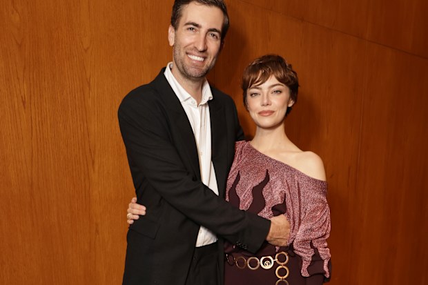 LOS ANGELES, CALIFORNIA - JUNE 26: Dave McCary (L) and Emma Stone seen at the Los Angeles Premiere of "Eddington" at DGA Theater Complex on June 26, 2025 in Los Angeles, California.  (Photo by Eric Charbonneau/A24 via Getty Images)