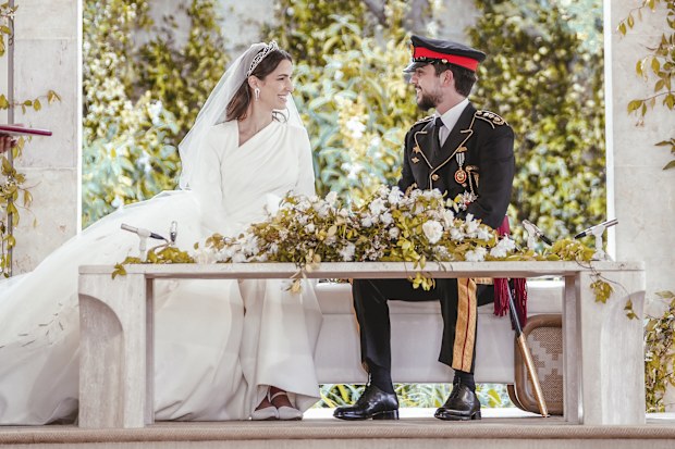 Rajwa Al-Saif, now Her Royal Highness Princess Rajwa Al Hussein, at her royal wedding to Crown Prince Hussein of Jordan at the Zahran Palace in Amman, on Thursday June 1 2023.