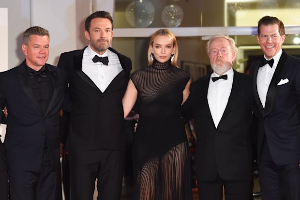 Nicole Holofcener, Matt Damon, Ben Affleck, Jodie Comer, Sir RIdley Scott and Kevin J. Walsh attend the red carpet of the movie "The Last Duel" during the 78th Venice International Film Festival on September 10, 2021 in Venice, Italy. 