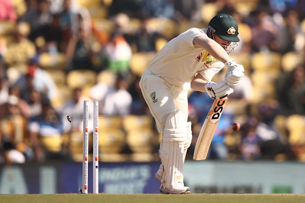 David Warner of Australia is bowled by Mohammed Shami of India during day one of the First Test match in the series between India and Australia at Vidarbha Cricket Association Ground on February 09, 2023 in Nagpur, India. (Photo by Robert Cianflone/Getty Images)